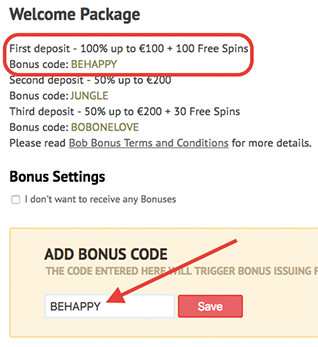 Claiming a First Deposit Bonus from a welcome bonus package with the code BEHAPPY on Bob Casino