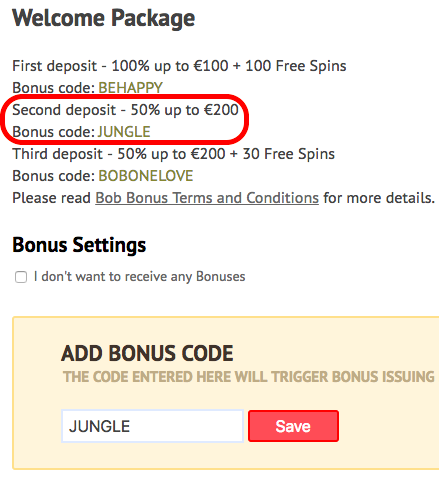 Second deposit bonus for the code JUNGLE in Bob Casino account