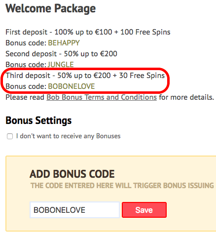Activation of third deposit bonus on Bob Casino with the code BOBONELOVE