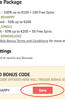 Using a Bonus Code to activate First Deposit Bonus on Bob Casino